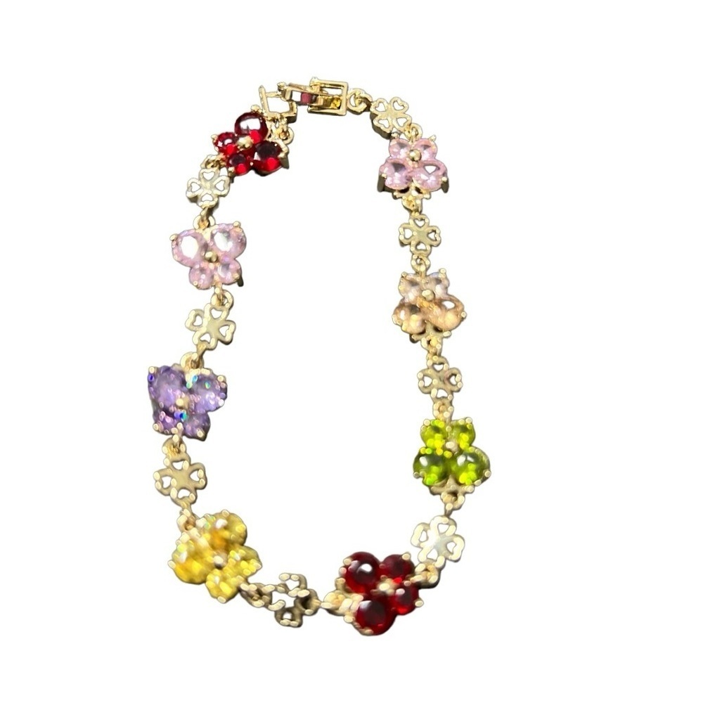 14K Gold Plated Women's Multicolor Flower Crystal Bracelet Brand New